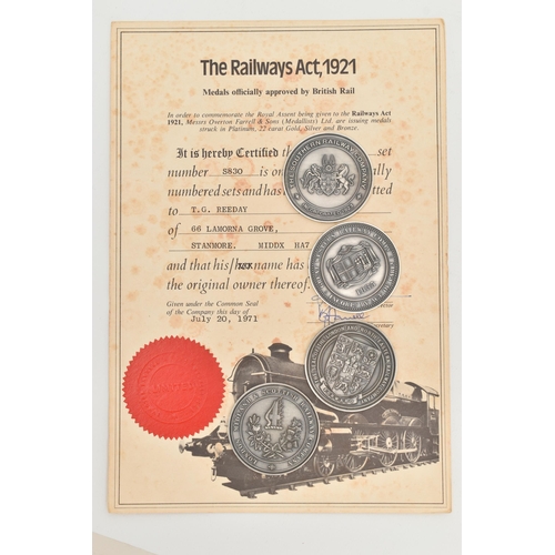 131 - A CASED SET OF FOUR 'RAILWAYS ACT 1921' COMMEMORATIVE COINS, with COA number S830 of 1000