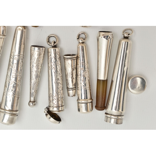 140 - A BAG OF SILVER AND WHITE METAL CHEROOT CASES, to include eight silver cheroot cases, all with full ... 