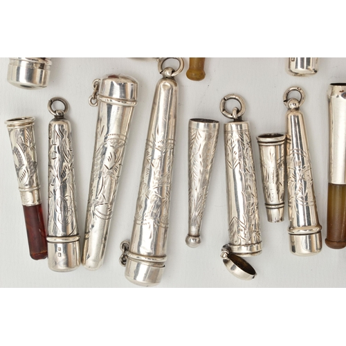 140 - A BAG OF SILVER AND WHITE METAL CHEROOT CASES, to include eight silver cheroot cases, all with full ... 