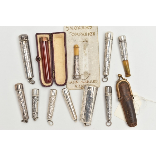 141 - A BAG OF SILVER AND WHITE METAL CHEROOT CASES AND CHEROOTS, to include seven cheroot cases, each wit... 