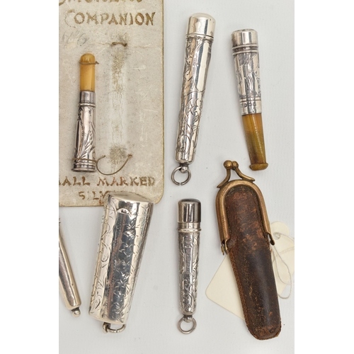 141 - A BAG OF SILVER AND WHITE METAL CHEROOT CASES AND CHEROOTS, to include seven cheroot cases, each wit... 