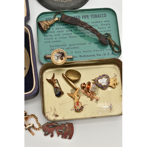 145 - ASSORTED ITEMS, to include a gold plated fob with leather strap, an EPNS match stick box cover, an '... 