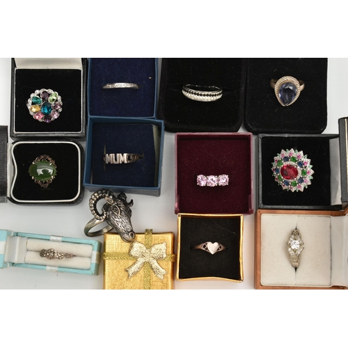 146 - A SELECTION OF WHITE METAL RINGS, twelve rings in total some set with gemstones or paste, most stamp... 