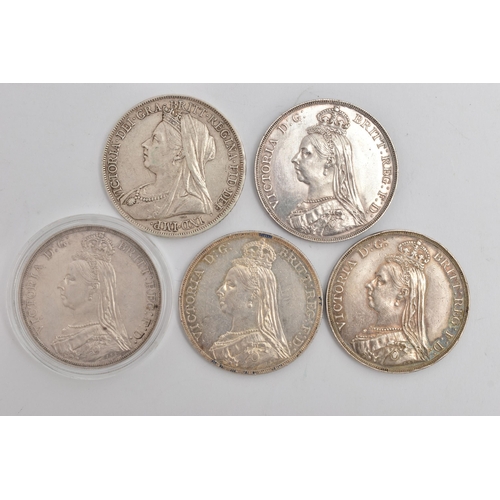 148 - A GROUP OF VICTORIAN CROWN COINS,  to include 1887, 1888 narrow date, 1889, LX111 slight edge knock ... 