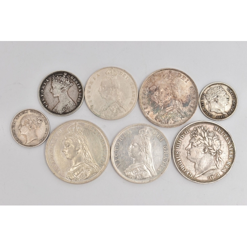 149 - A GROUP OF SILVER COINAGE, to include a George IIII Secundo Crown coin, a high grade Victoria 1887 C... 