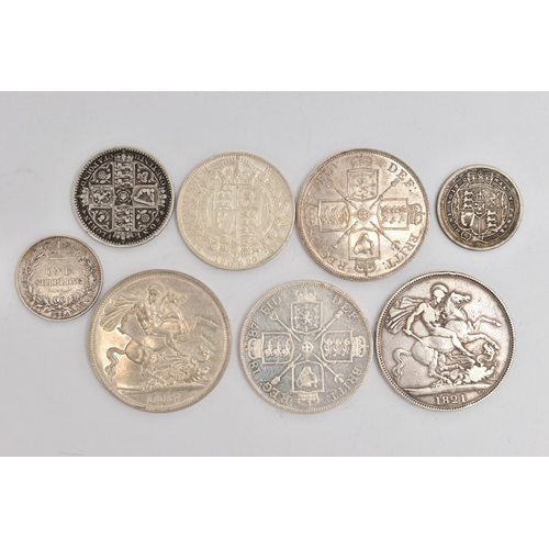 149 - A GROUP OF SILVER COINAGE, to include a George IIII Secundo Crown coin, a high grade Victoria 1887 C... 