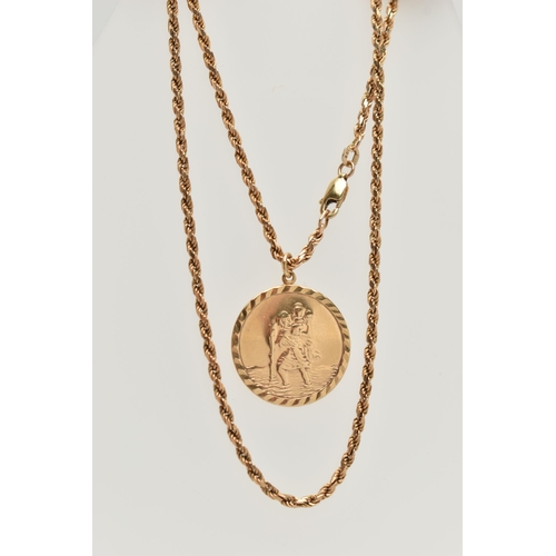 17 - A 9CT GOLD ROPE TWIST CHAIN WITH ST.CHRISTOPHER PENDANT, chain fitted with a lobster clasp, hallmark... 