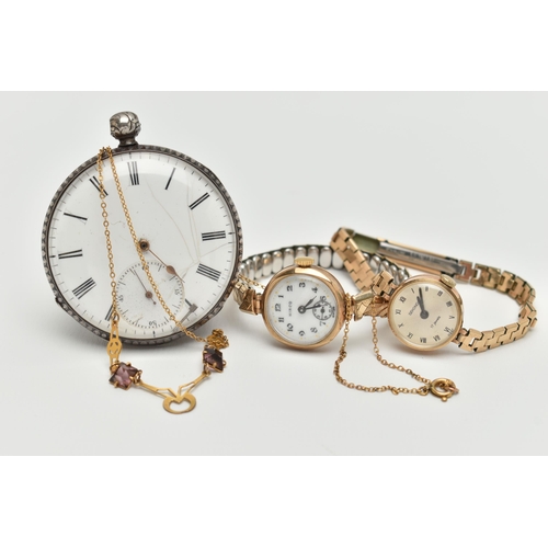 29 - TWO LADYS WRISTWATCHES, A NECKLACE AND AN OPEN FACE POCKET WATCH, to include a 9ct gold 'Hirco' manu... 