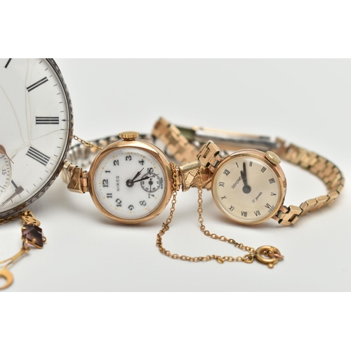 29 - TWO LADYS WRISTWATCHES, A NECKLACE AND AN OPEN FACE POCKET WATCH, to include a 9ct gold 'Hirco' manu... 