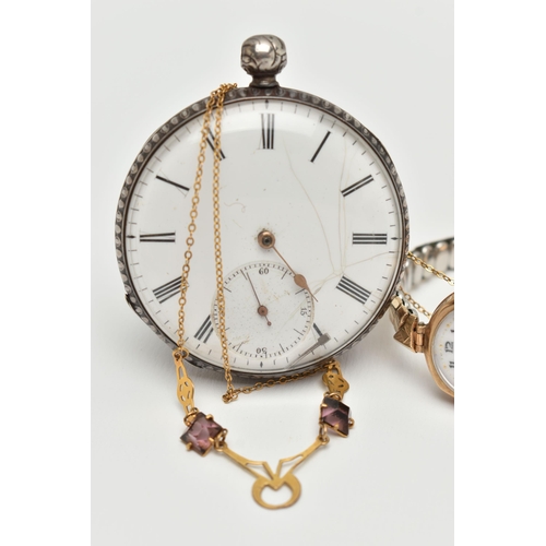 29 - TWO LADYS WRISTWATCHES, A NECKLACE AND AN OPEN FACE POCKET WATCH, to include a 9ct gold 'Hirco' manu... 