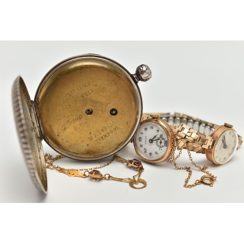 29 - TWO LADYS WRISTWATCHES, A NECKLACE AND AN OPEN FACE POCKET WATCH, to include a 9ct gold 'Hirco' manu... 