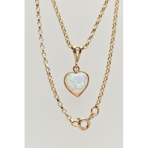 3 - A 9CT GOLD, SYNTHETIC OPAL PENDANT NECKLACE, heart shape synthetic opal cabochon pendant, collet set... 