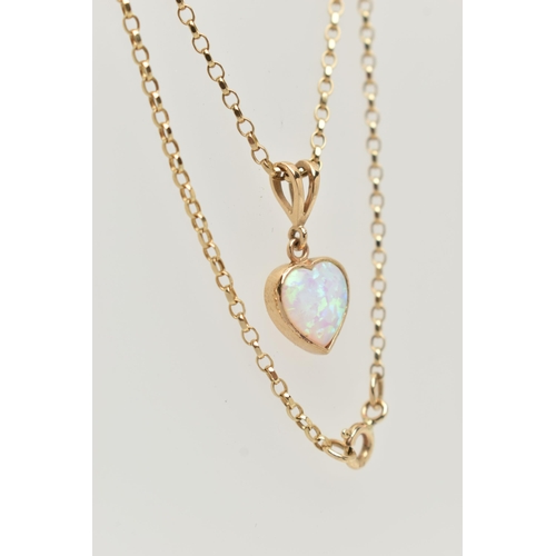 3 - A 9CT GOLD, SYNTHETIC OPAL PENDANT NECKLACE, heart shape synthetic opal cabochon pendant, collet set... 