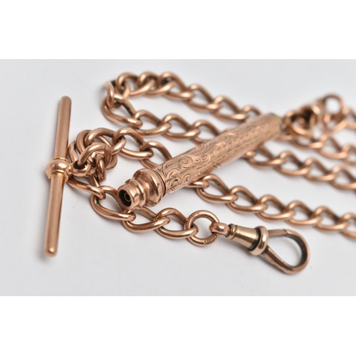 30 - A 9CT GOLD ALBERT CHAIN WITH WATCH KEY, curb link chain most links stamped 9.375, fitted with two lo... 