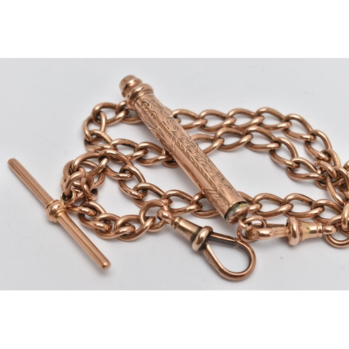 30 - A 9CT GOLD ALBERT CHAIN WITH WATCH KEY, curb link chain most links stamped 9.375, fitted with two lo... 