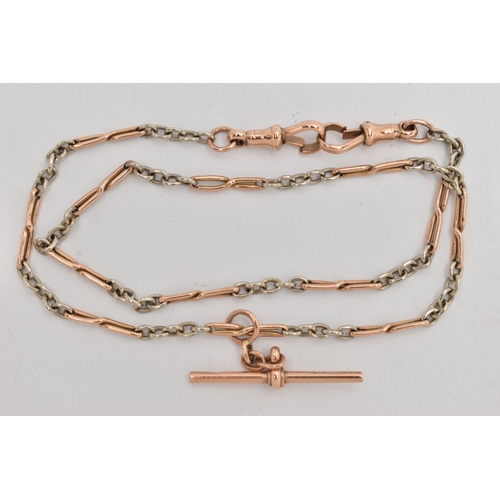 31 - A 9CT GOLD FANCY LINK CHAIN, alternating rose gold twist links stamped 9.375, between white metal cu... 