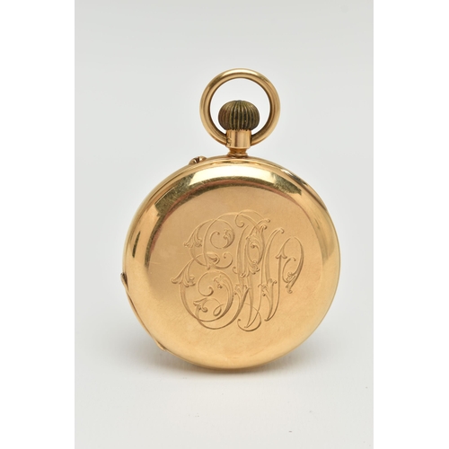 32 - AN EARLY 20TH CENTURY, 18CT GOLD 'ROTHERHAMS' FULL HUNTER POCKET WATCH, manual wind, round white dia... 