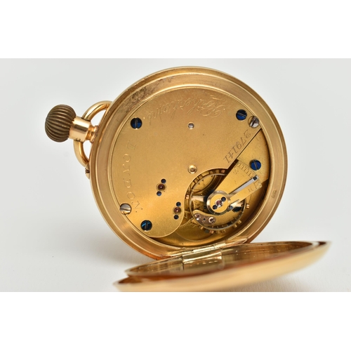 32 - AN EARLY 20TH CENTURY, 18CT GOLD 'ROTHERHAMS' FULL HUNTER POCKET WATCH, manual wind, round white dia... 