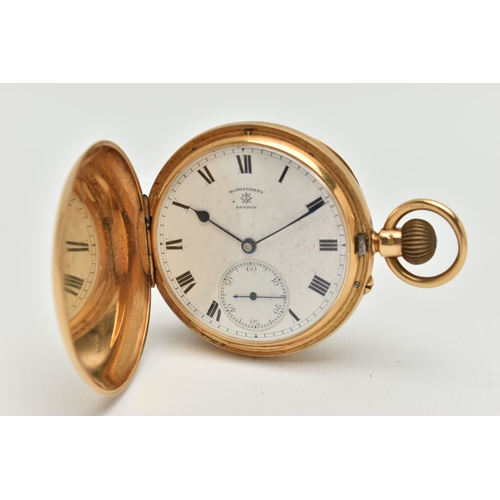 33 - AN EARLY 20TH CENTURY, 18CT GOLD 'ROTHERHAMS' FULL HUNTER POCKET WATCH, manual wind, round white dia... 