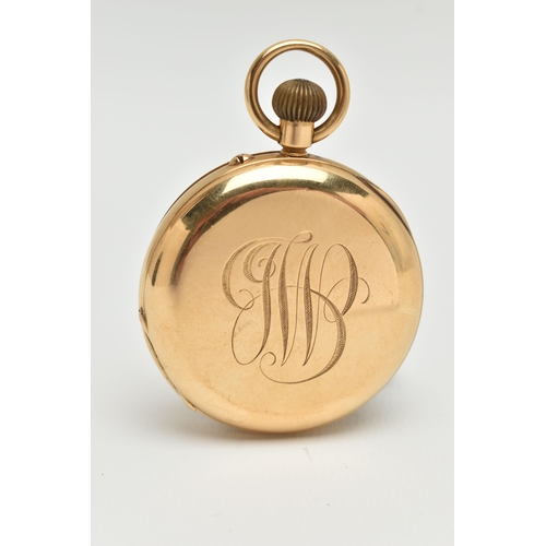 33 - AN EARLY 20TH CENTURY, 18CT GOLD 'ROTHERHAMS' FULL HUNTER POCKET WATCH, manual wind, round white dia... 