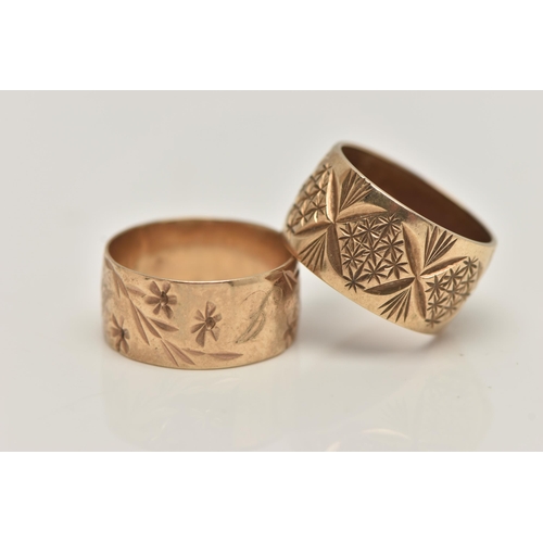 34 - TWO 9CT GOLD BAND RINGS, both with engraved patterns, one with personal engraving, both with 9ct hal... 