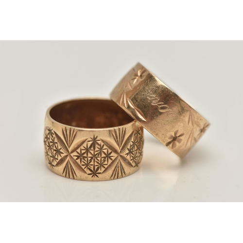 34 - TWO 9CT GOLD BAND RINGS, both with engraved patterns, one with personal engraving, both with 9ct hal... 