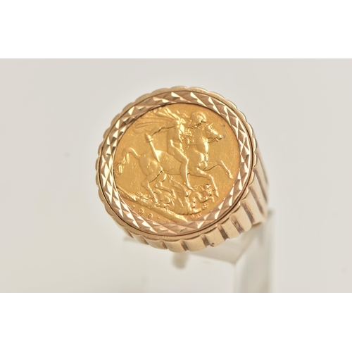 37 - A SOVEREIGN RING, designed as a 1901 full sovereign within a 9ct banded ring mount, ring with 9ct ha... 