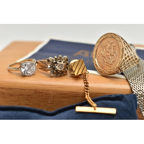 38 - A SELECTION OF JEWELLERY, to include a simulated sovereign ring in a 9ct mount, a 9ct cubic zirconia... 