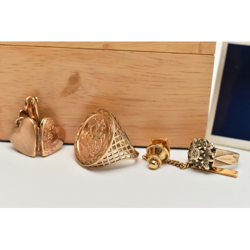 38 - A SELECTION OF JEWELLERY, to include a simulated sovereign ring in a 9ct mount, a 9ct cubic zirconia... 