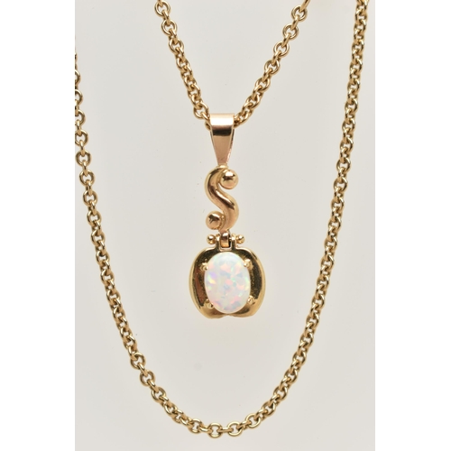 4 - A SYNTHETIC OPAL PENDANT AND A 9CT GOLD BELCHER CHAIN, the yellow metal drop pendant, four claw set ... 