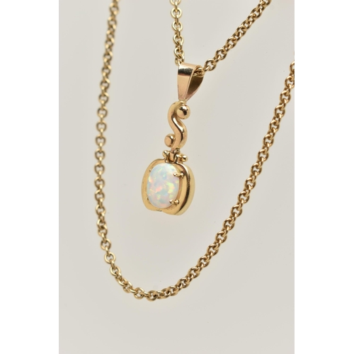 4 - A SYNTHETIC OPAL PENDANT AND A 9CT GOLD BELCHER CHAIN, the yellow metal drop pendant, four claw set ... 