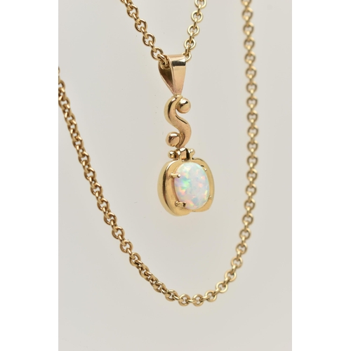 4 - A SYNTHETIC OPAL PENDANT AND A 9CT GOLD BELCHER CHAIN, the yellow metal drop pendant, four claw set ... 