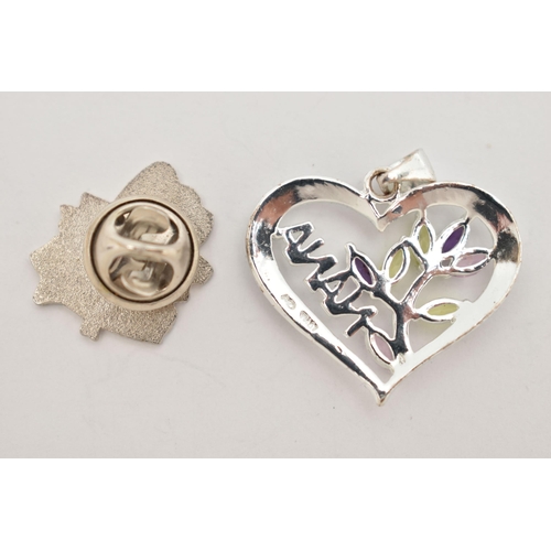 41 - A PENDANT AND A PIN, the heart shape pendant with 'Nana' across the open centre and marcasite around... 