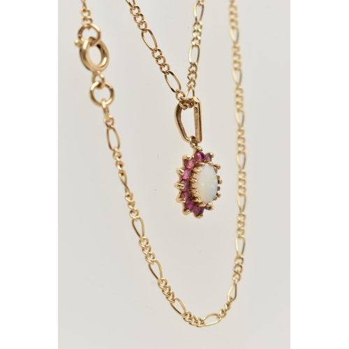 5 - A 9CT GOLD RUBY AND OPAL PENDANT NECKLACE, the pendant of an oval form, claw set with an oval caboch... 