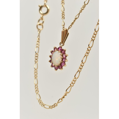 5 - A 9CT GOLD RUBY AND OPAL PENDANT NECKLACE, the pendant of an oval form, claw set with an oval caboch... 