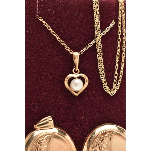 55 - A 9CT GOLD LOCKET AND A PENDANT NECKLACE, oval floral detailed hinged locket, opens to reveal two ph... 