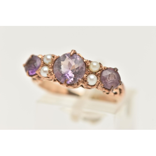 56 - A YELLOW METAL AMETHYST AND SEED PEARL RING, designed with three circular cut amethysts, each claw s... 