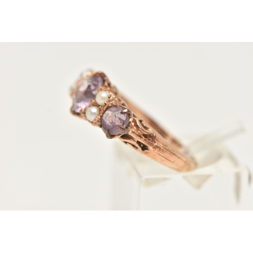 56 - A YELLOW METAL AMETHYST AND SEED PEARL RING, designed with three circular cut amethysts, each claw s... 