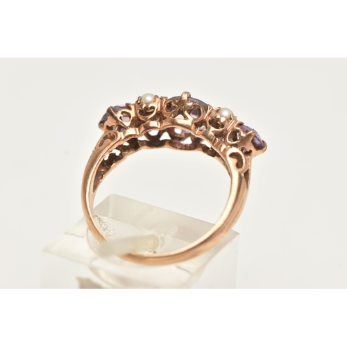 56 - A YELLOW METAL AMETHYST AND SEED PEARL RING, designed with three circular cut amethysts, each claw s... 