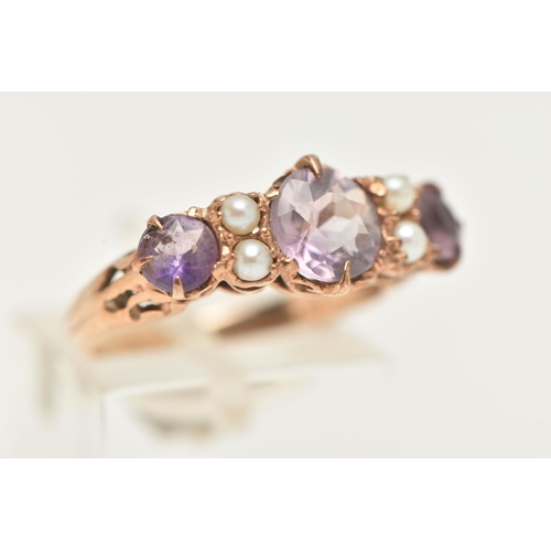 56 - A YELLOW METAL AMETHYST AND SEED PEARL RING, designed with three circular cut amethysts, each claw s... 