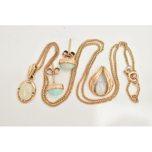 6 - TWO OPAL PENDANTS A CHAIN AND A PAIR OF EARRINGS, the first pendant of an oval form, set with an ova... 