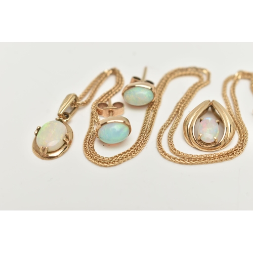 6 - TWO OPAL PENDANTS A CHAIN AND A PAIR OF EARRINGS, the first pendant of an oval form, set with an ova... 