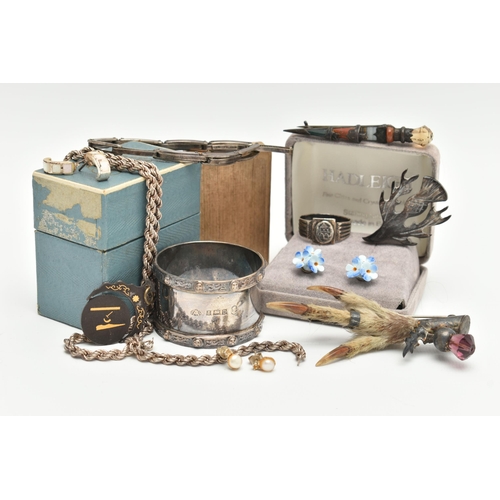 61 - A BAG OF ASSORTED ITEMS, to include a boxed single silver napkin ring, engraved initials, hallmarked... 