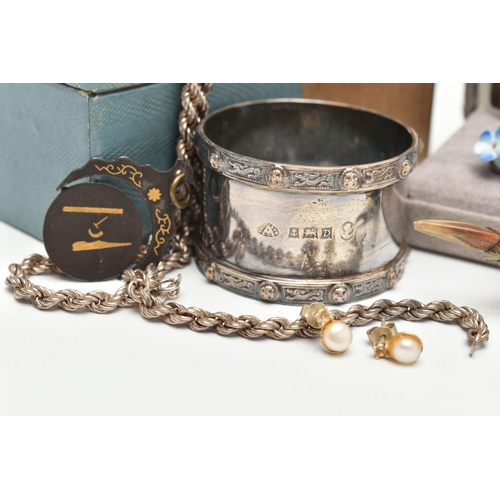 61 - A BAG OF ASSORTED ITEMS, to include a boxed single silver napkin ring, engraved initials, hallmarked... 