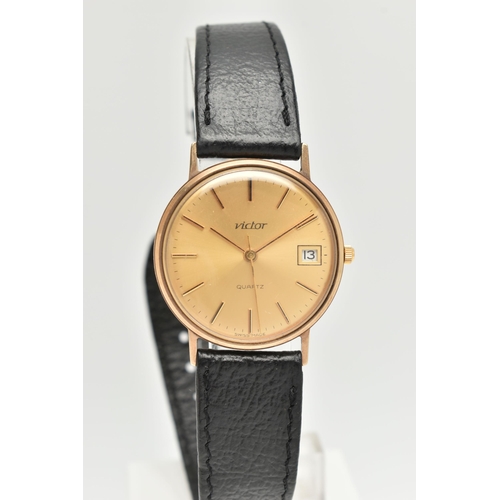 62 - A GENTS 9CT 'VICTOR' WRISTWATCH, quartz movement, round gold dial signed 'Victor', baton markers, da... 