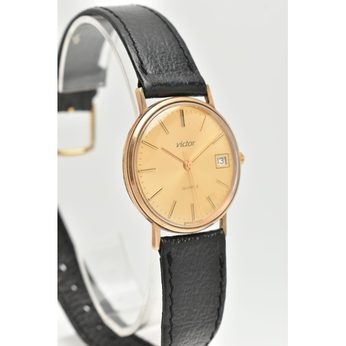 62 - A GENTS 9CT 'VICTOR' WRISTWATCH, quartz movement, round gold dial signed 'Victor', baton markers, da... 