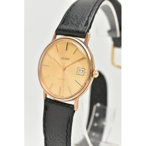 62 - A GENTS 9CT 'VICTOR' WRISTWATCH, quartz movement, round gold dial signed 'Victor', baton markers, da... 