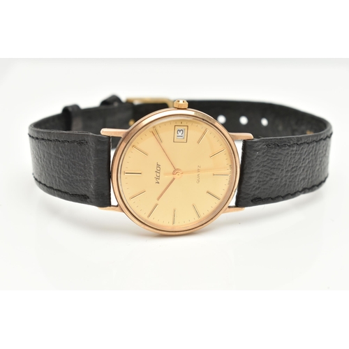 62 - A GENTS 9CT 'VICTOR' WRISTWATCH, quartz movement, round gold dial signed 'Victor', baton markers, da... 