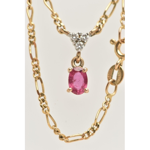 64 - A 9CT GOLD RUBY AND DIAMOND PENDANT NECKLACE, designed with a claw set, oval cut ruby, suspended ben... 