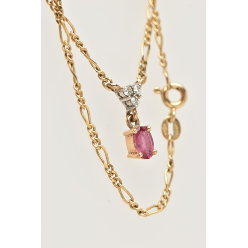 64 - A 9CT GOLD RUBY AND DIAMOND PENDANT NECKLACE, designed with a claw set, oval cut ruby, suspended ben... 